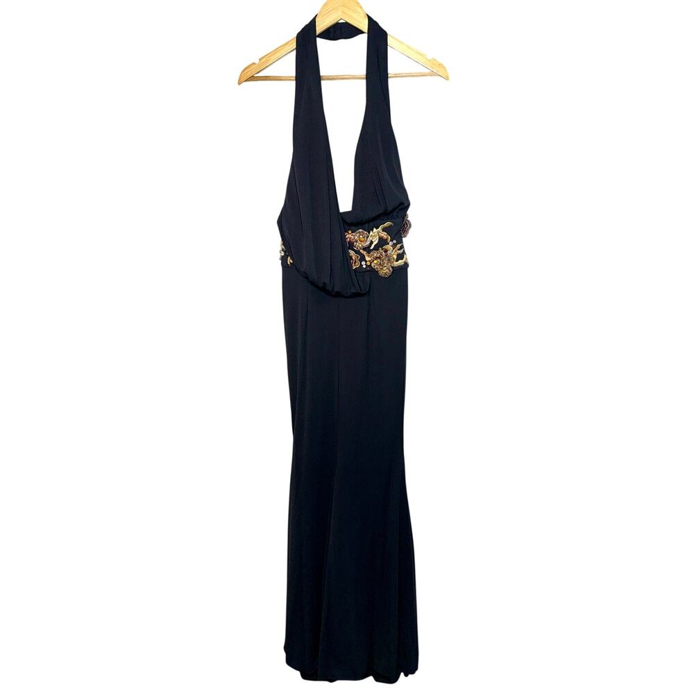 Black Halter Evening Gown with Gold Embellished Waist
